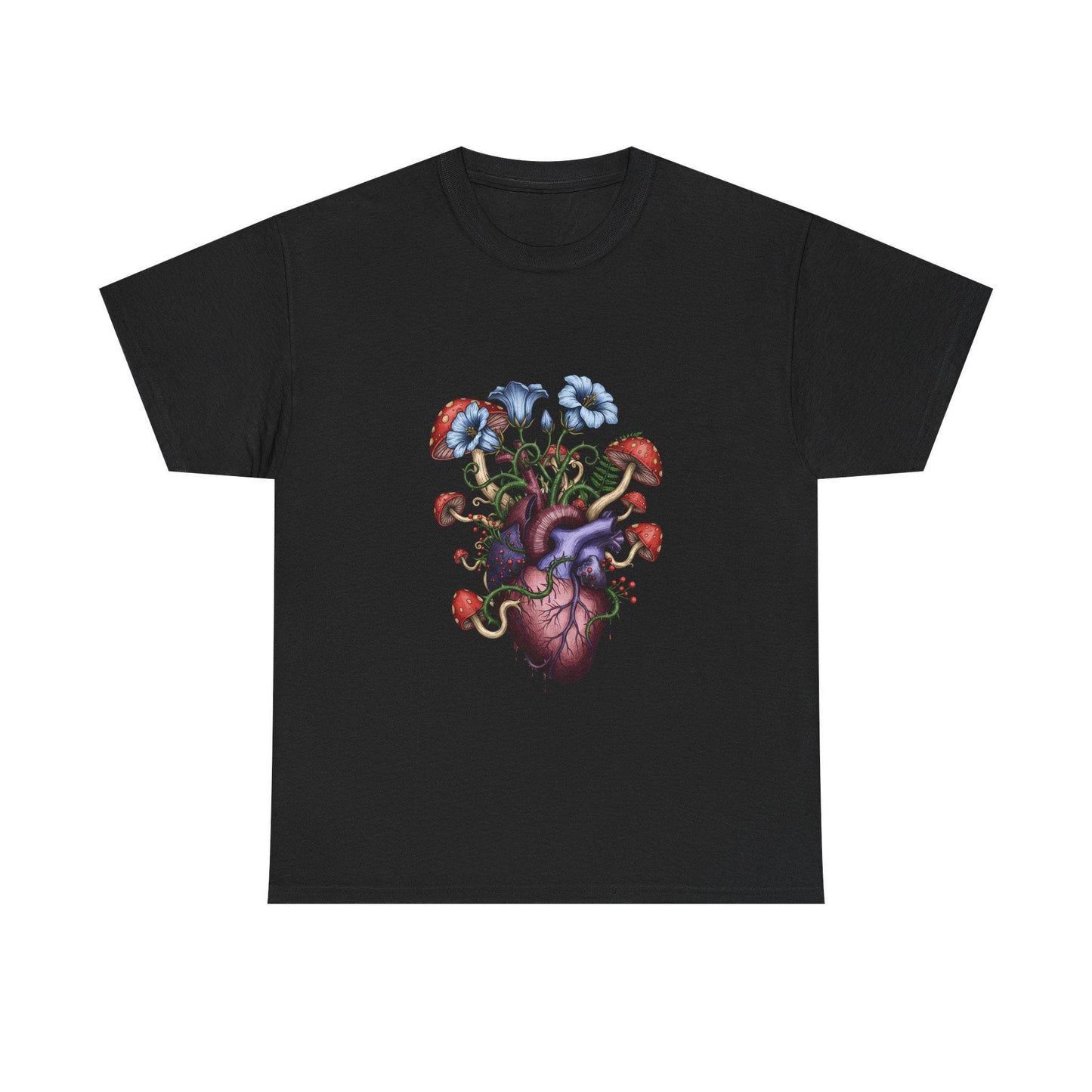 Heart Mushroom T-Shirt | Dark Botanical Graphic Tee Gothic Nature Shirt Witchy Floral Heart Top Unisex Cotton Tee Magic Mushroom Fungi